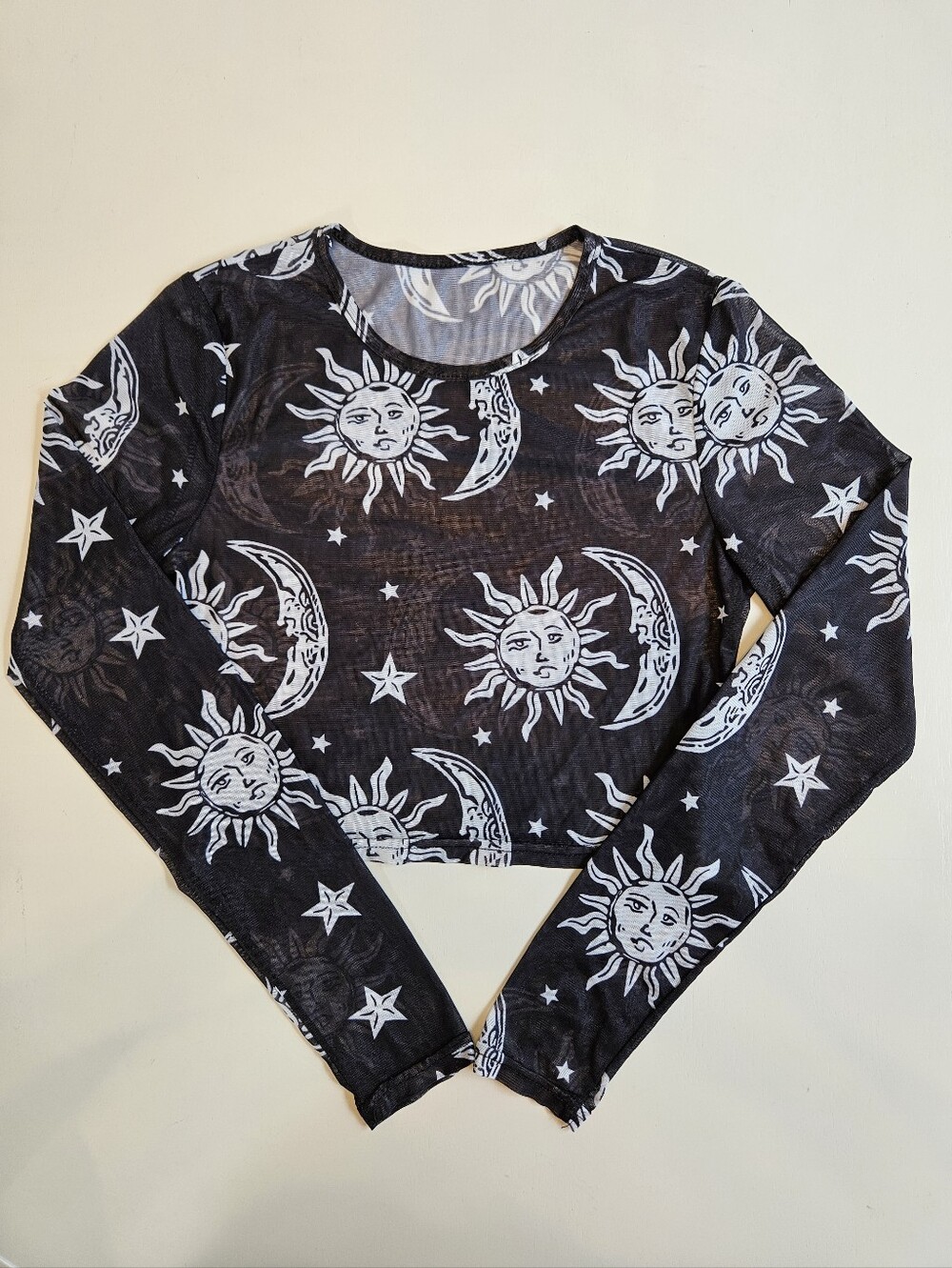 Mesh Black Moon & Sun Print Long Sleeve Crop Top